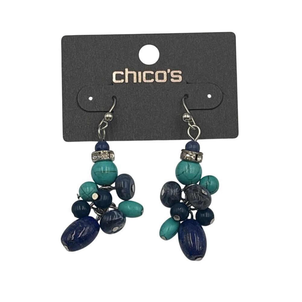 Chico's New Blue Beaded Drop Dangle Earrings NWT Silver Toned